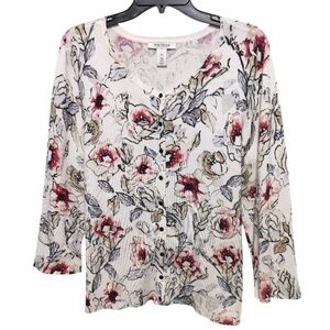 White House Black Market Floral Pink White Button Front Cardigan Women's Size XL